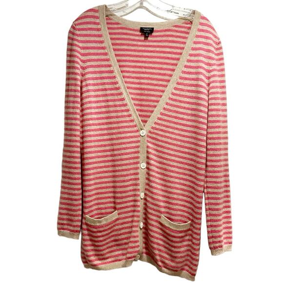 Talbots Sweater Medium 100% Pure Cashmere Cardigan Tan Pink Striped Long Sleeve - Picture 13 of 13